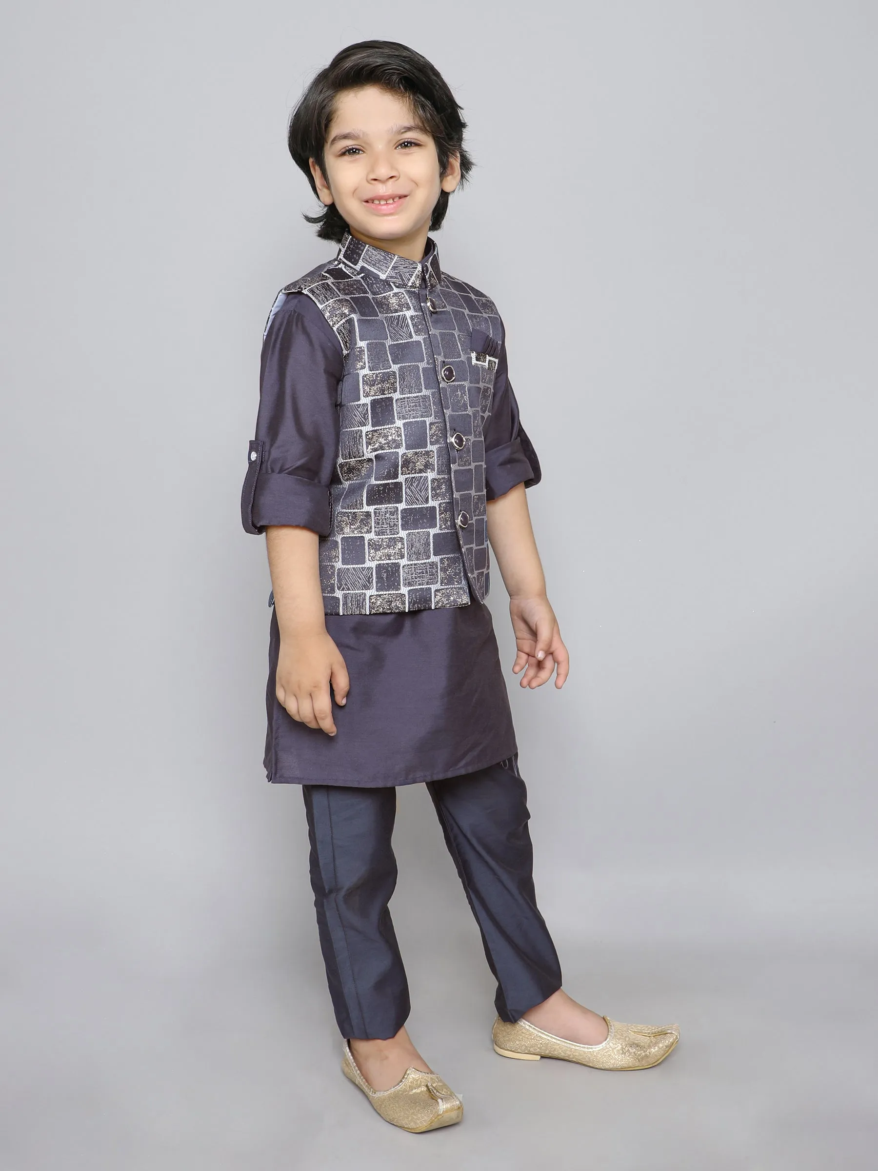 Ministitch Kurta set with woven jaquard brick pattern jacket- Navyblue