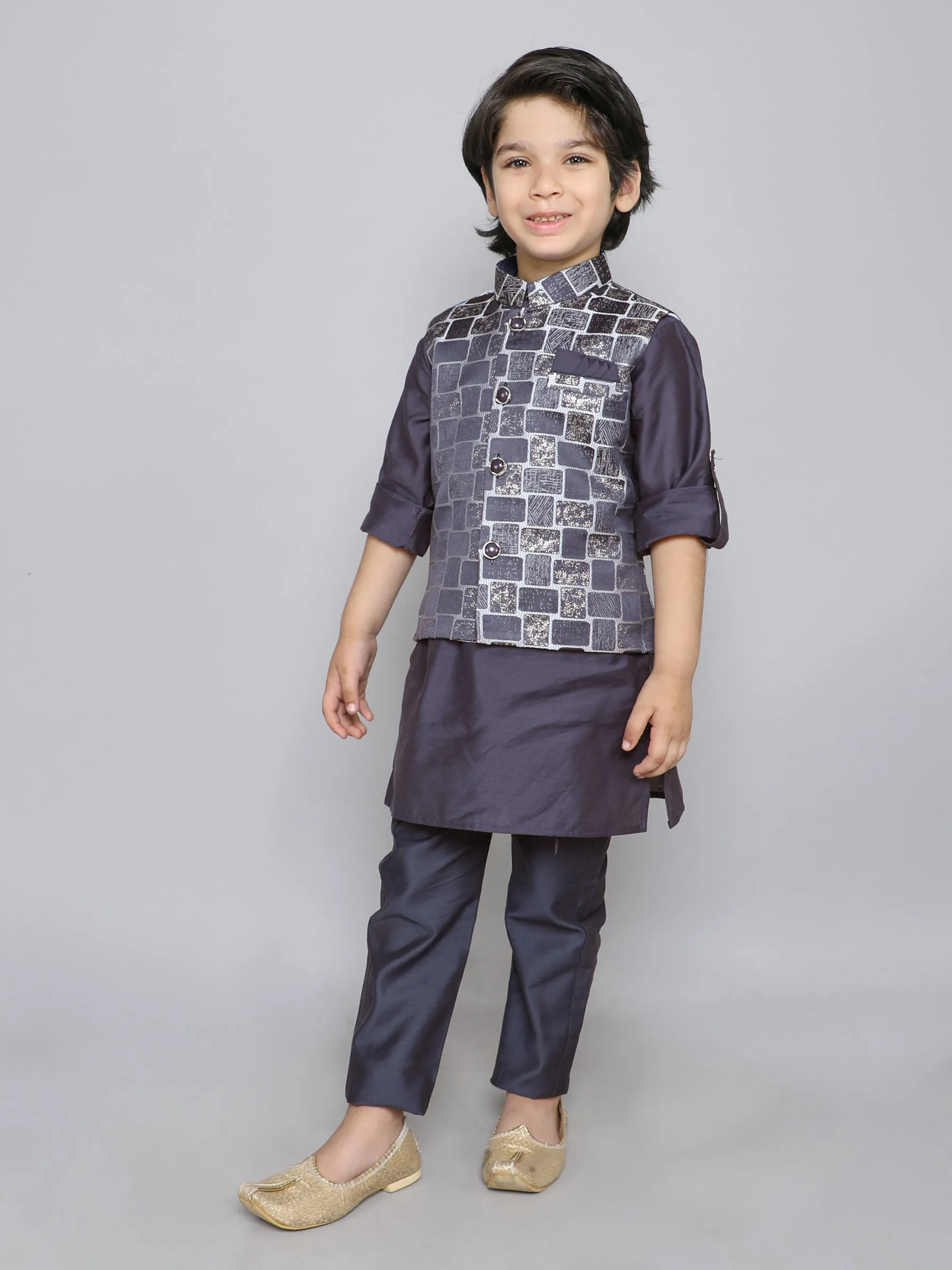 Ministitch Kurta set with woven jaquard brick pattern jacket- Navyblue