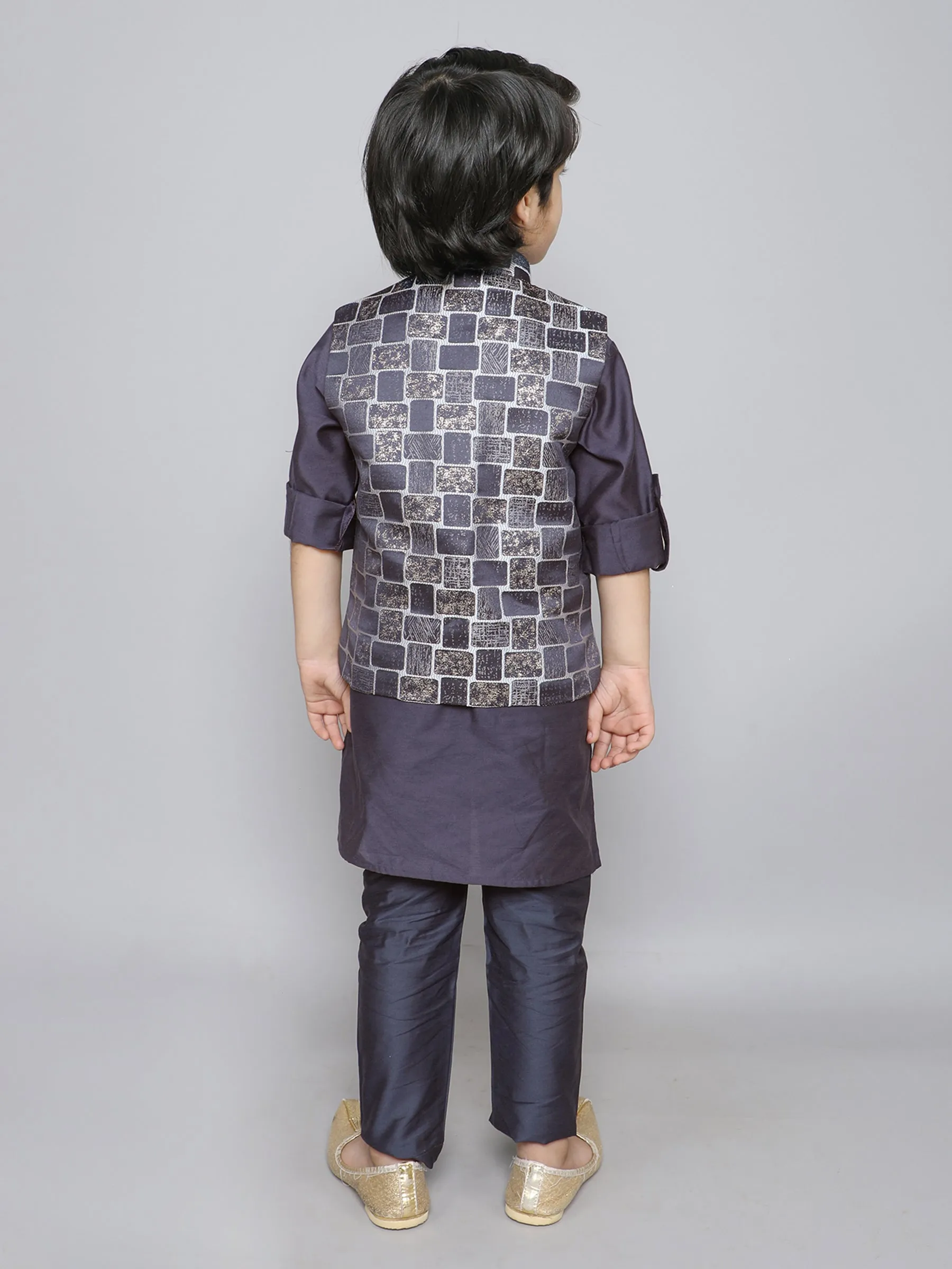 Ministitch Kurta set with woven jaquard brick pattern jacket- Navyblue