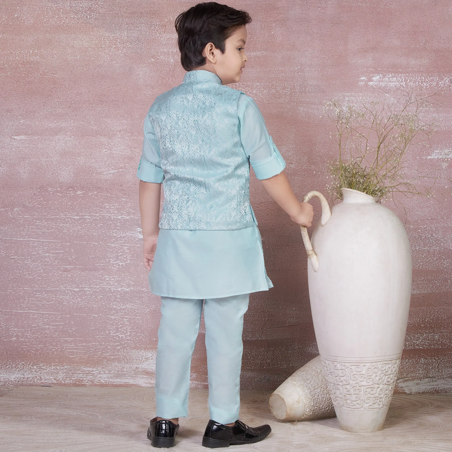 Ministitch Self designed kurta pyjama and jacket set for boys -Sky Blue