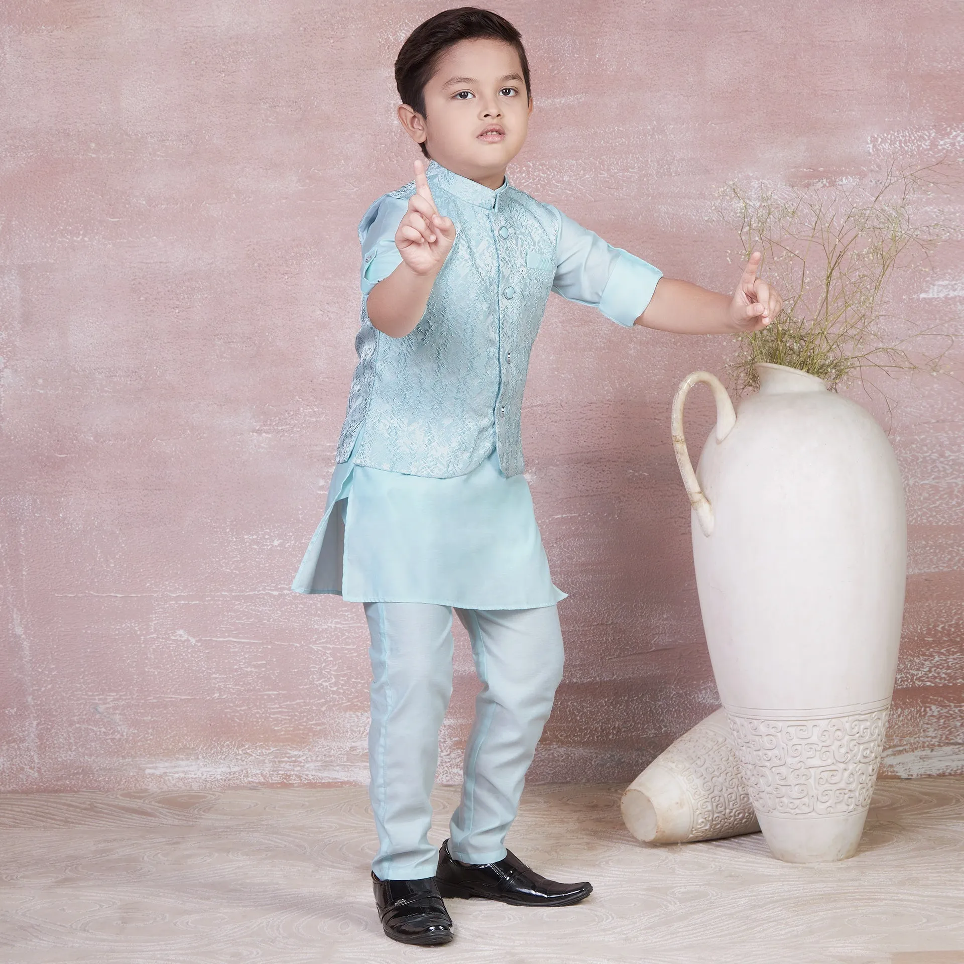 Ministitch Self designed kurta pyjama and jacket set for boys -Sky Blue