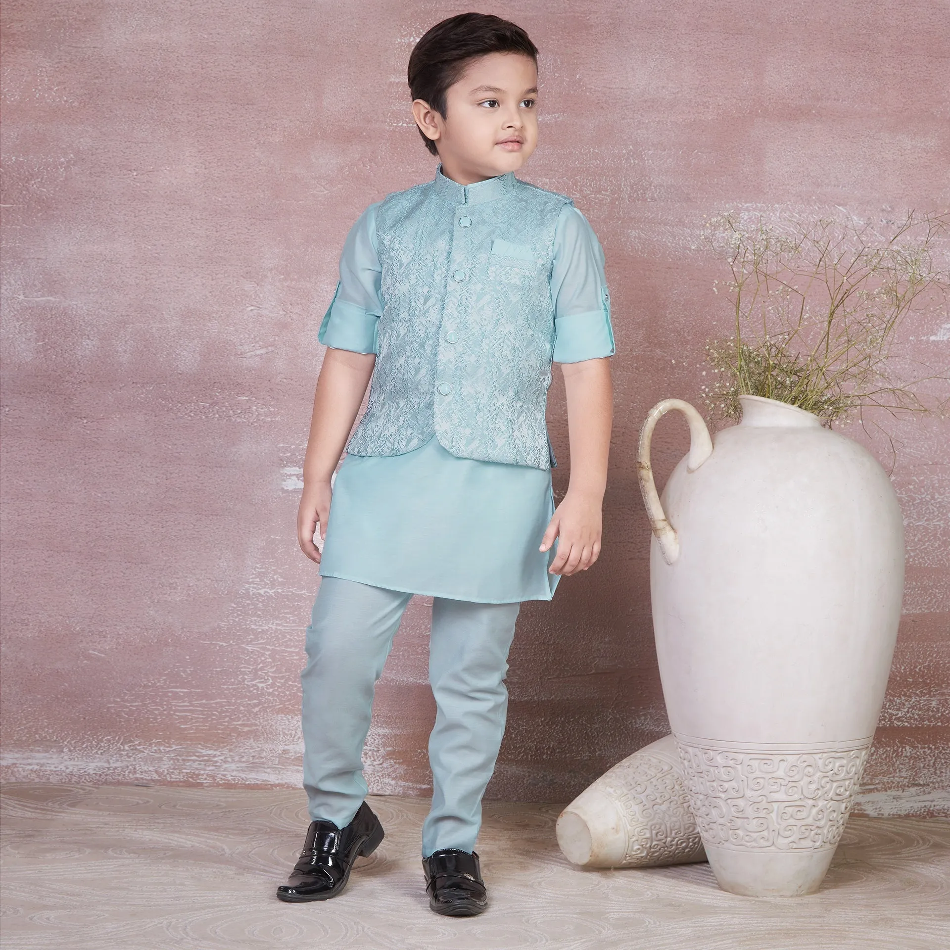 Ministitch Self designed kurta pyjama and jacket set for boys -Sky Blue