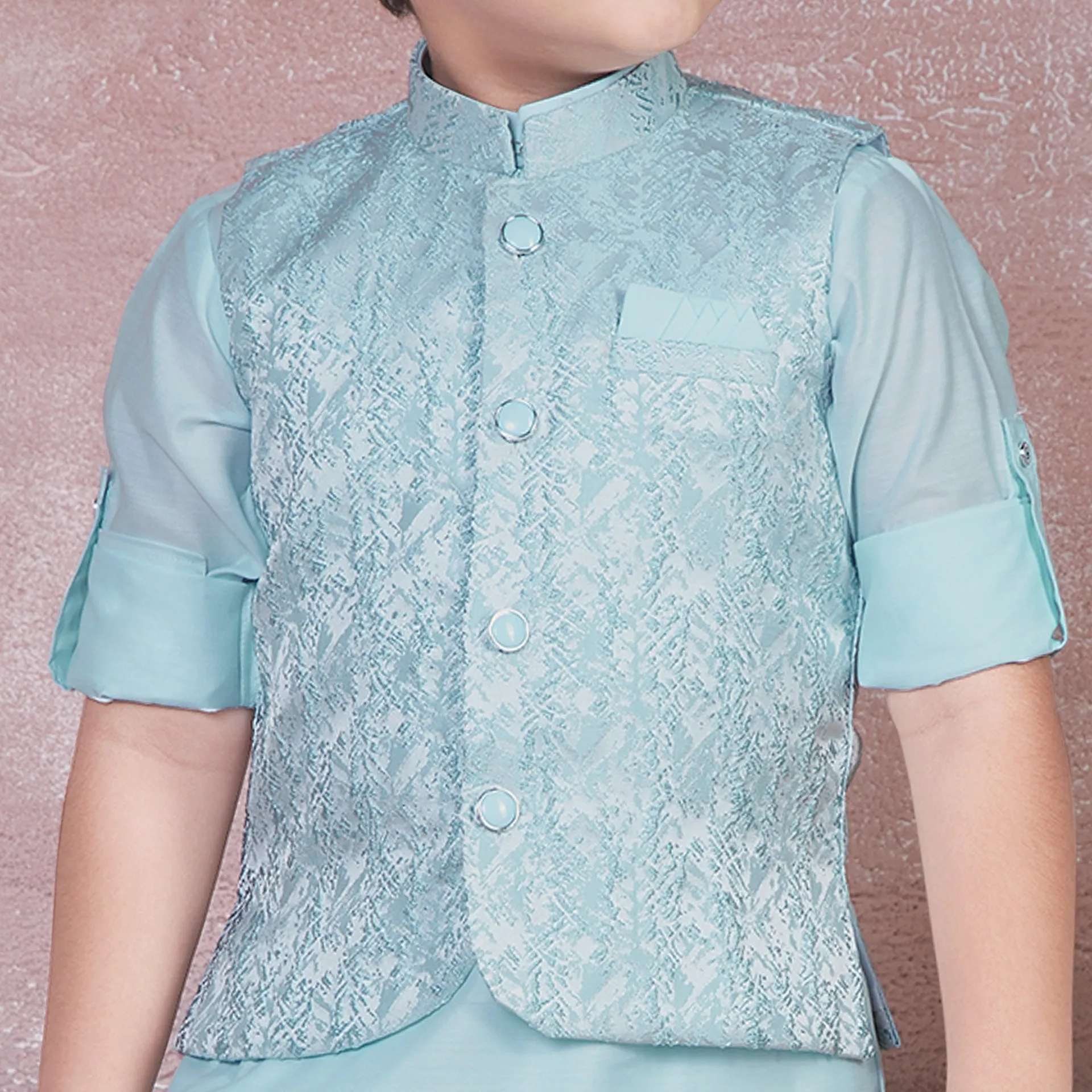 Ministitch Self designed kurta pyjama and jacket set for boys -Sky Blue