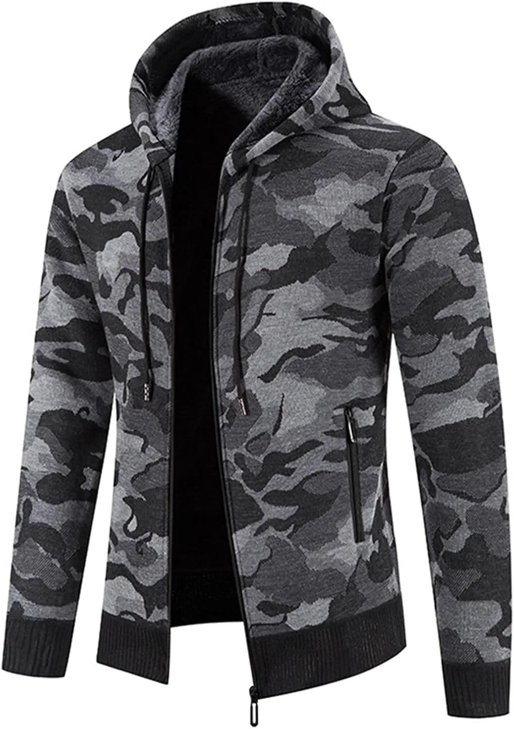 Mmoneyake Mens Camo Full Zip Hoodie Athletic Soft Sherpa Lined Fleece Hooded Sweater Jacket Long Sleeve Sweatshirt Sport Coat