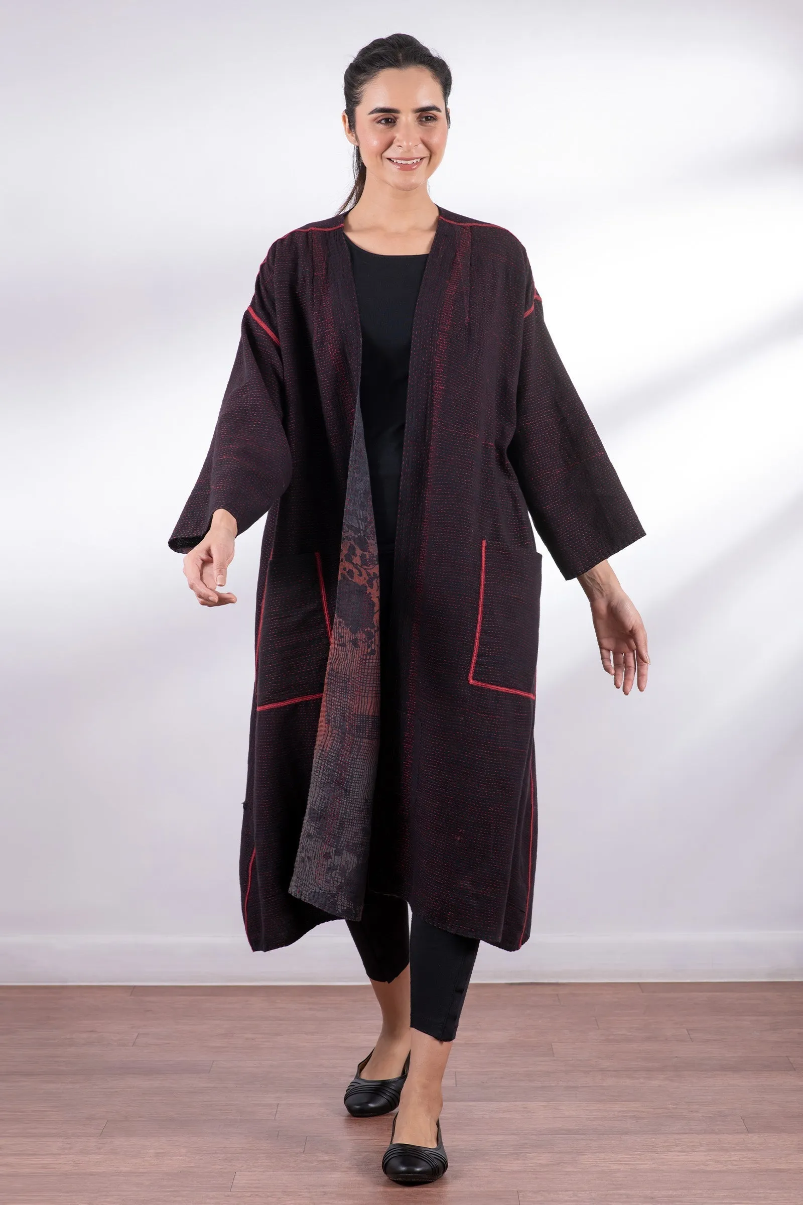 MONOTONE TWILIGHT PRINT KANTHA LONG DUSTER - tp2328-red -