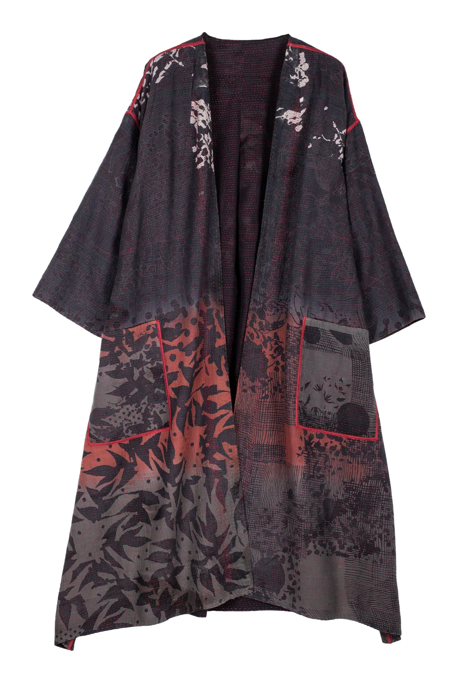 MONOTONE TWILIGHT PRINT KANTHA LONG DUSTER - tp2328-red -