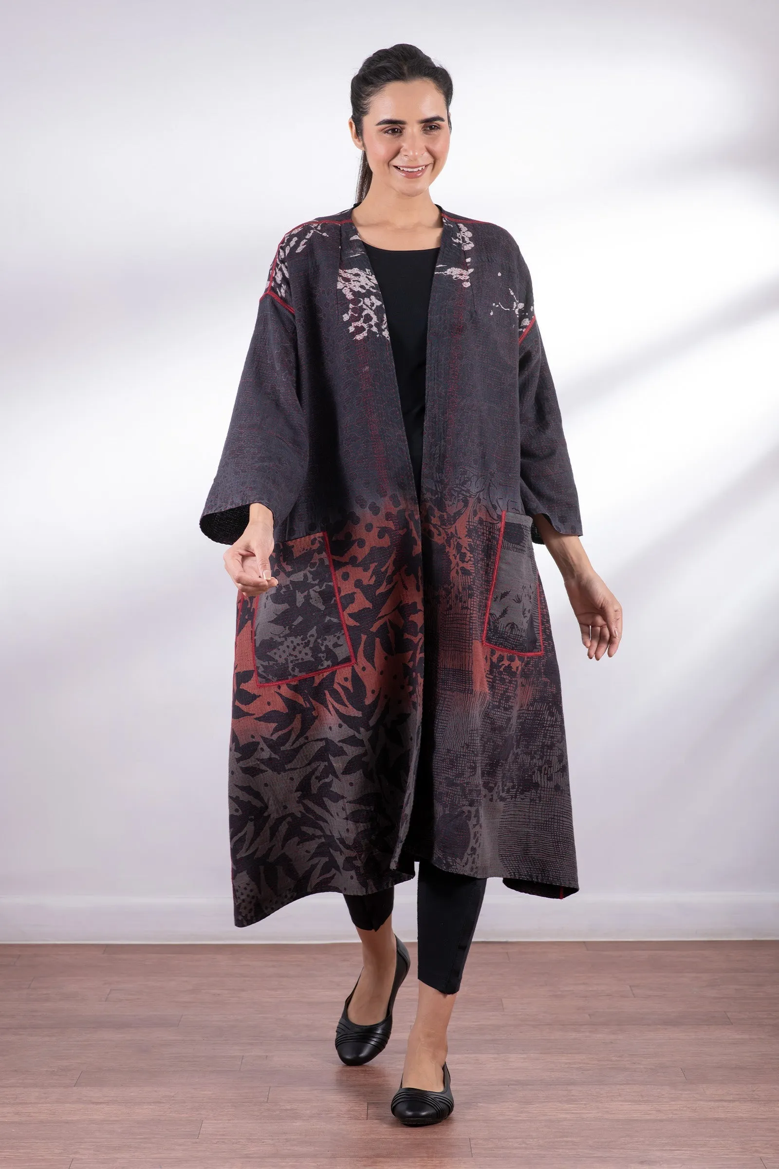 MONOTONE TWILIGHT PRINT KANTHA LONG DUSTER - tp2328-red -