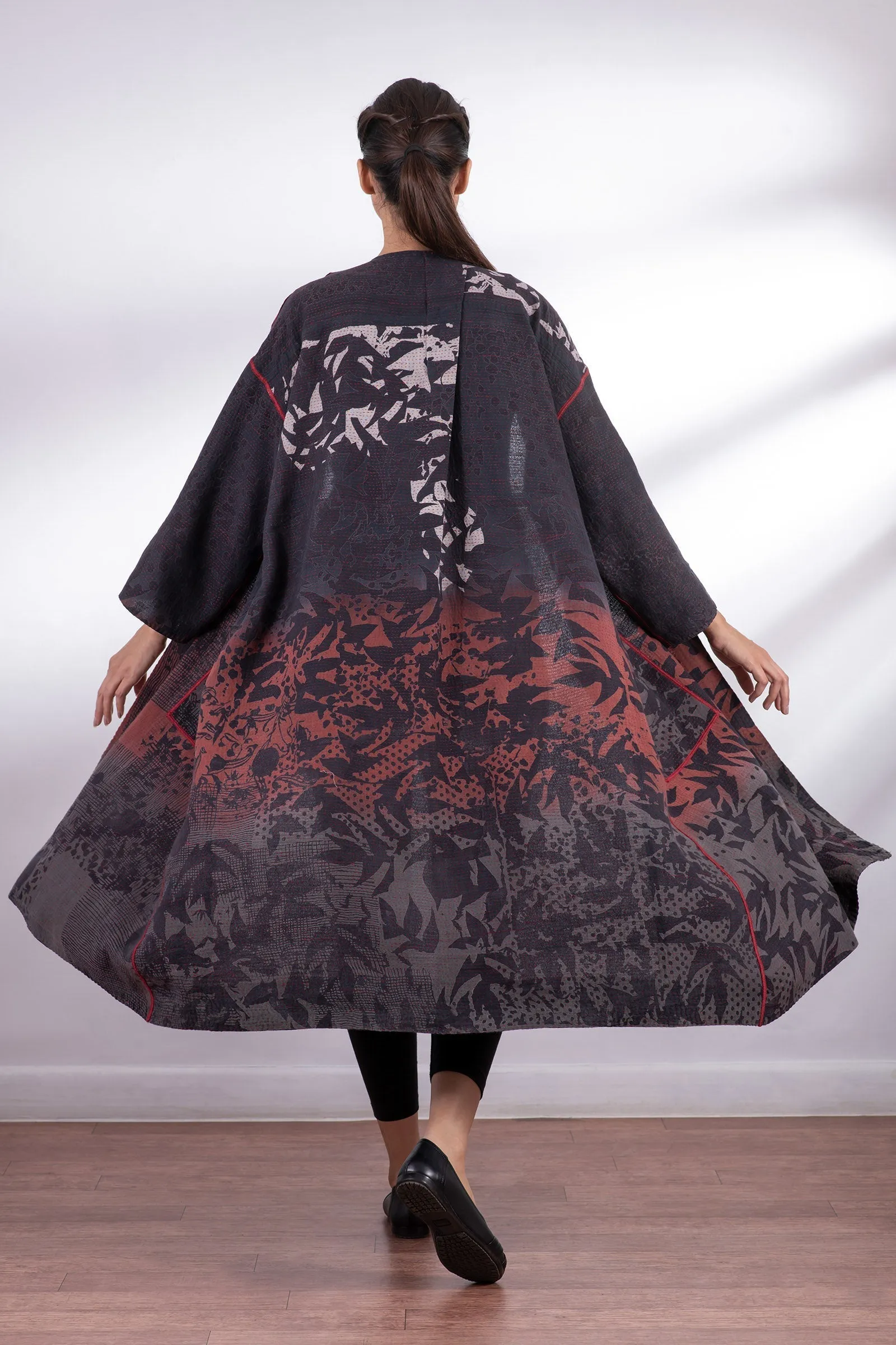MONOTONE TWILIGHT PRINT KANTHA LONG DUSTER - tp2328-red -