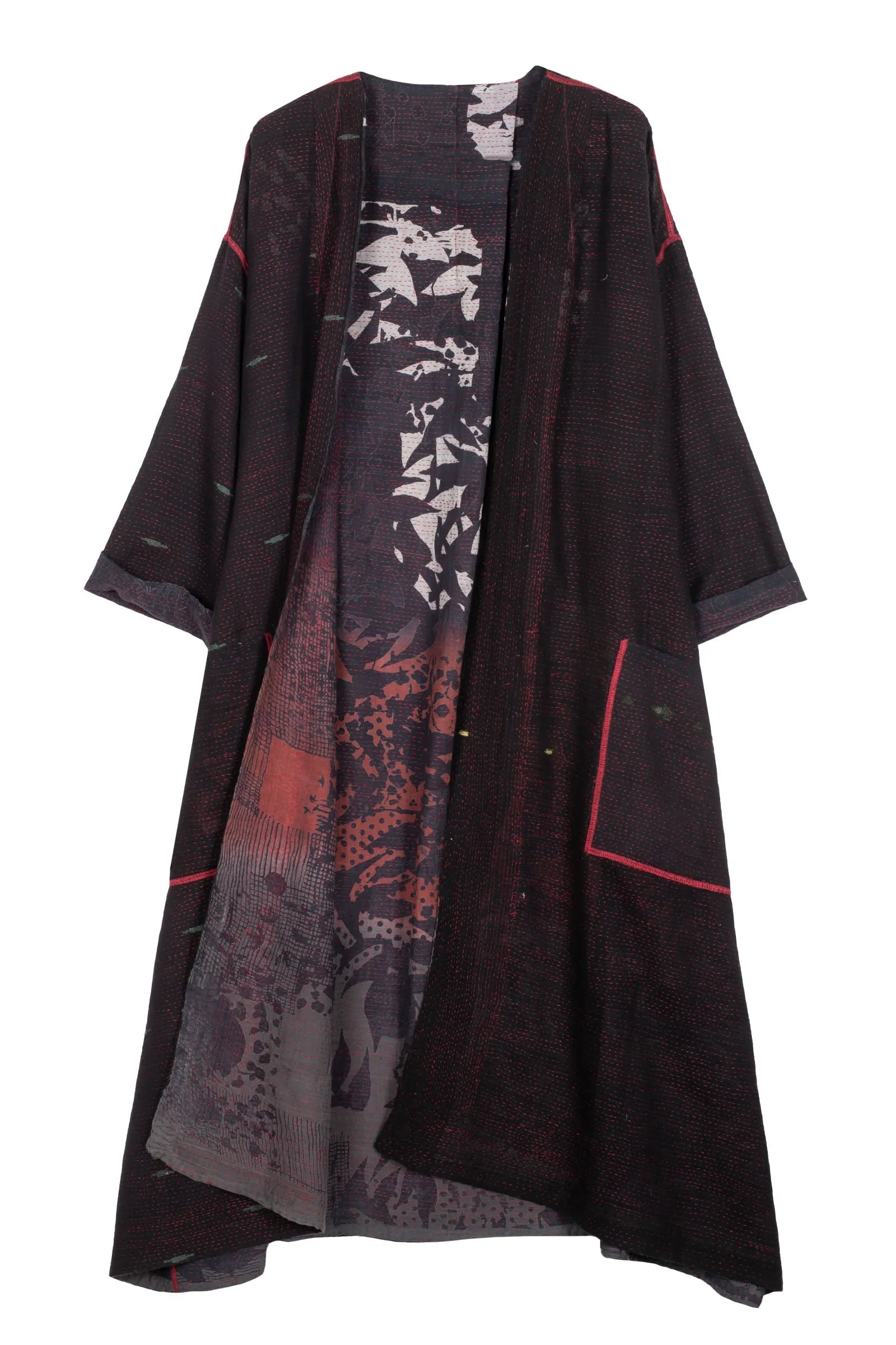 MONOTONE TWILIGHT PRINT KANTHA LONG DUSTER - tp2328-red -
