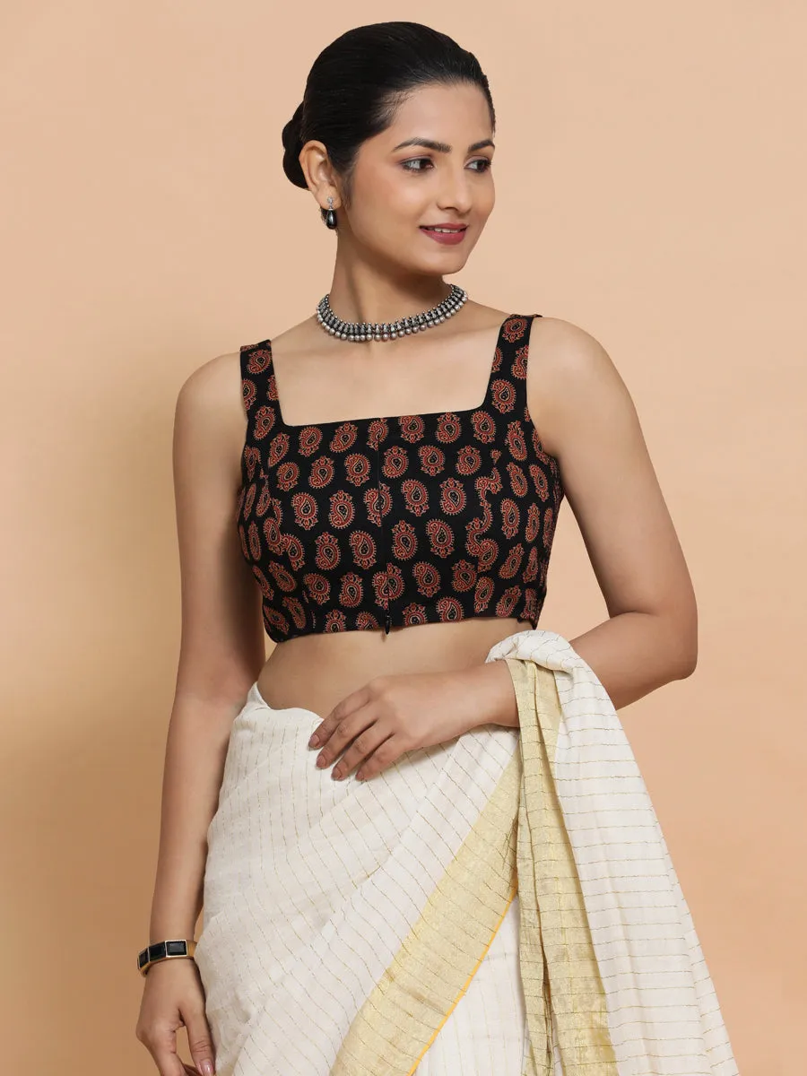 Naina x Rozaana | Sleeveless Cotton Saree Blouse in Black Mango Block Print Fabric