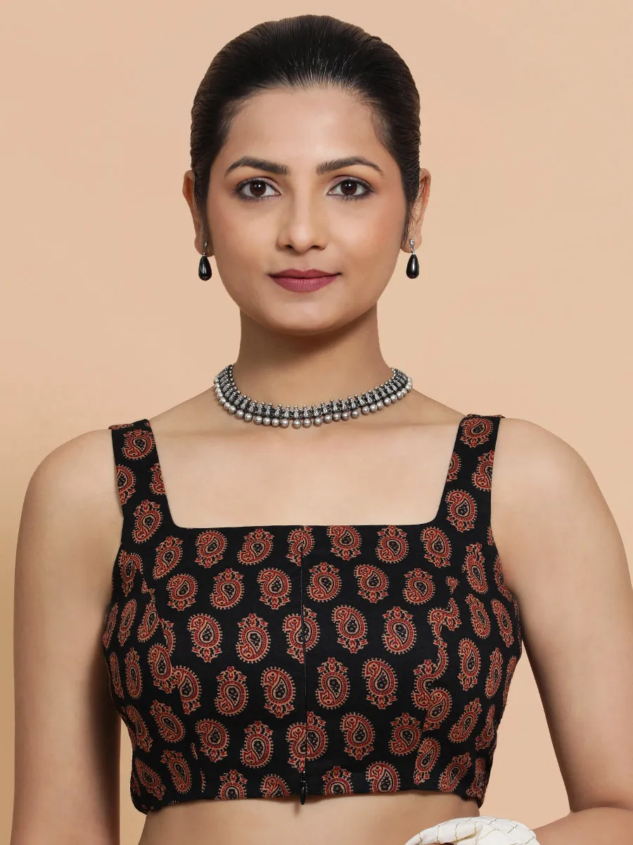Naina x Rozaana | Sleeveless Cotton Saree Blouse in Black Mango Block Print Fabric