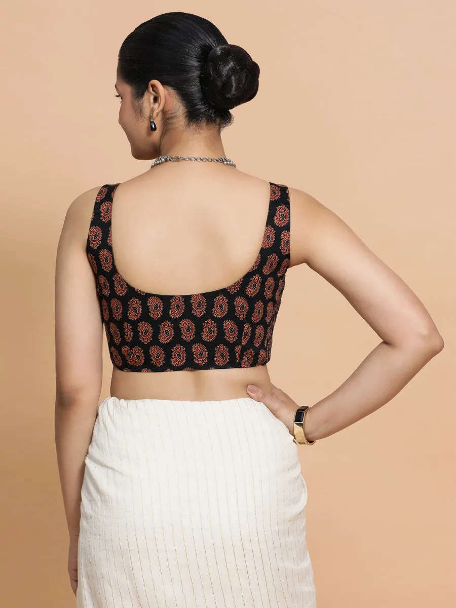 Naina x Rozaana | Sleeveless Cotton Saree Blouse in Black Mango Block Print Fabric