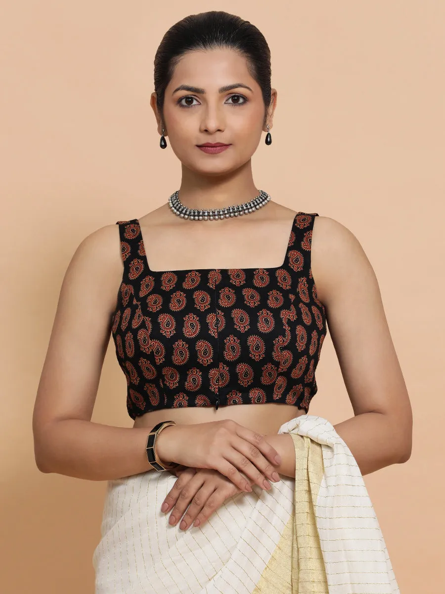 Naina x Rozaana | Sleeveless Cotton Saree Blouse in Black Mango Block Print Fabric