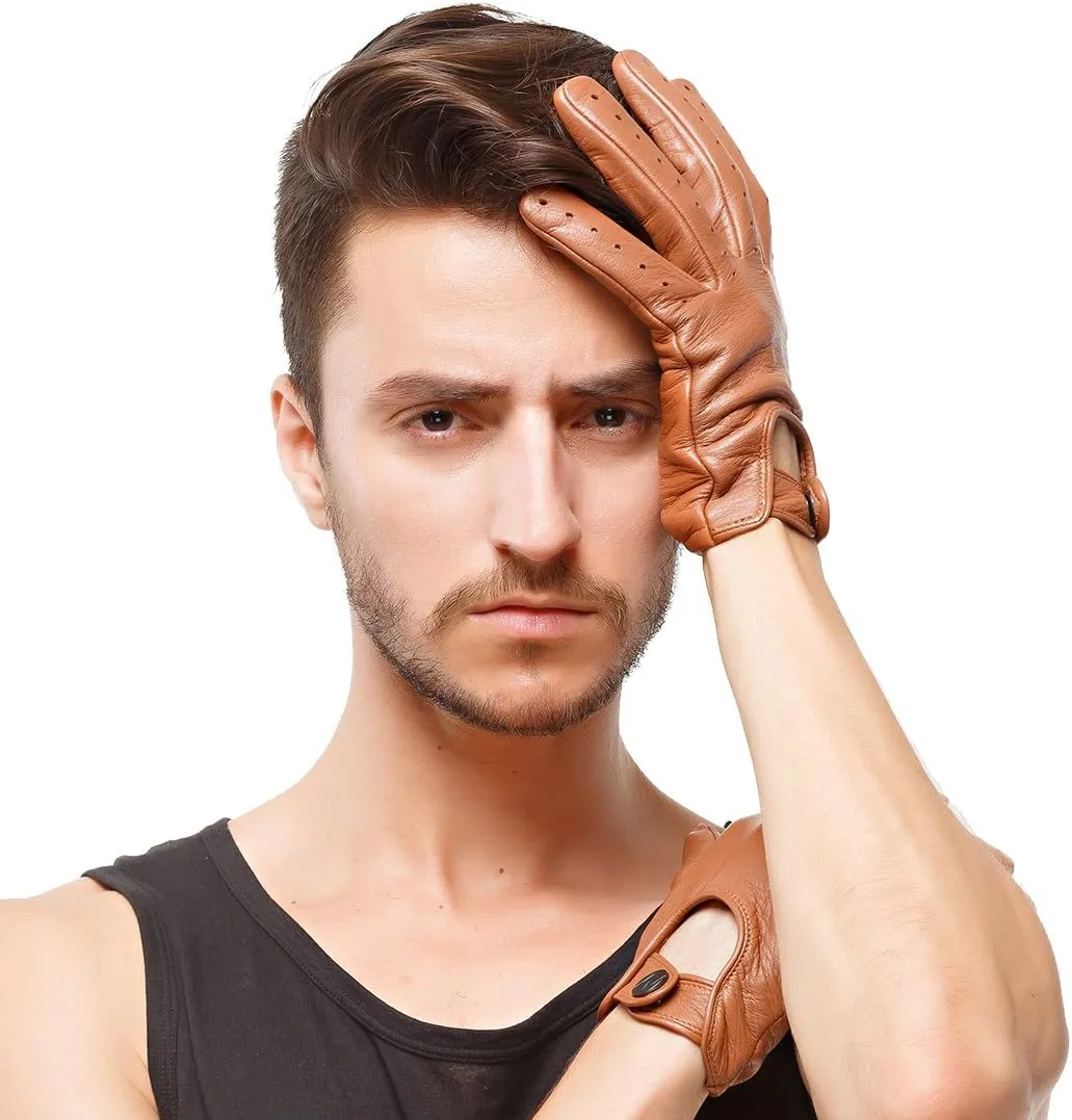 Nappaglo Men's Deerskin Leather Driving Gloves Touchscreen Full Finger Motorcycle Cycling Riding Unlined Gloves (S (Palm Girth:up to 8"), Light Brown (Non-Touchscreen))
