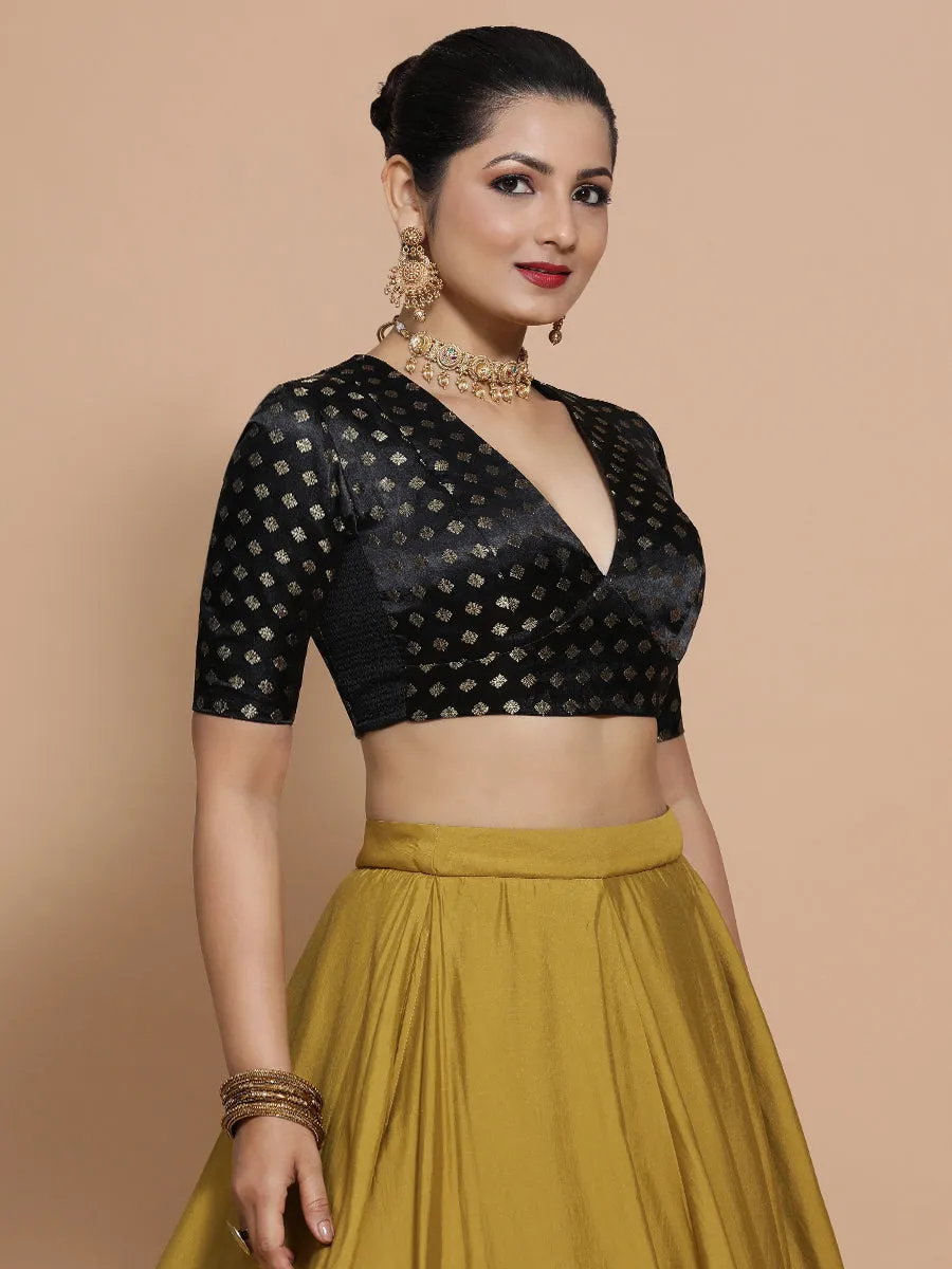Nida x Tyohaar | Elbow Sleeves Satin Viscose Saree Blouse in Black Butta Fabric