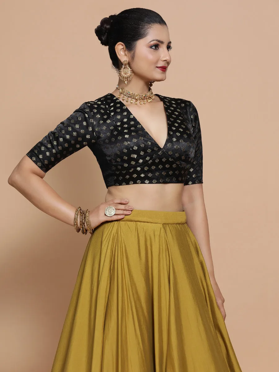 Nida x Tyohaar | Elbow Sleeves Satin Viscose Saree Blouse in Black Butta Fabric