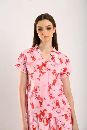 Novi Cotton Linen Blouse in Pink Floral