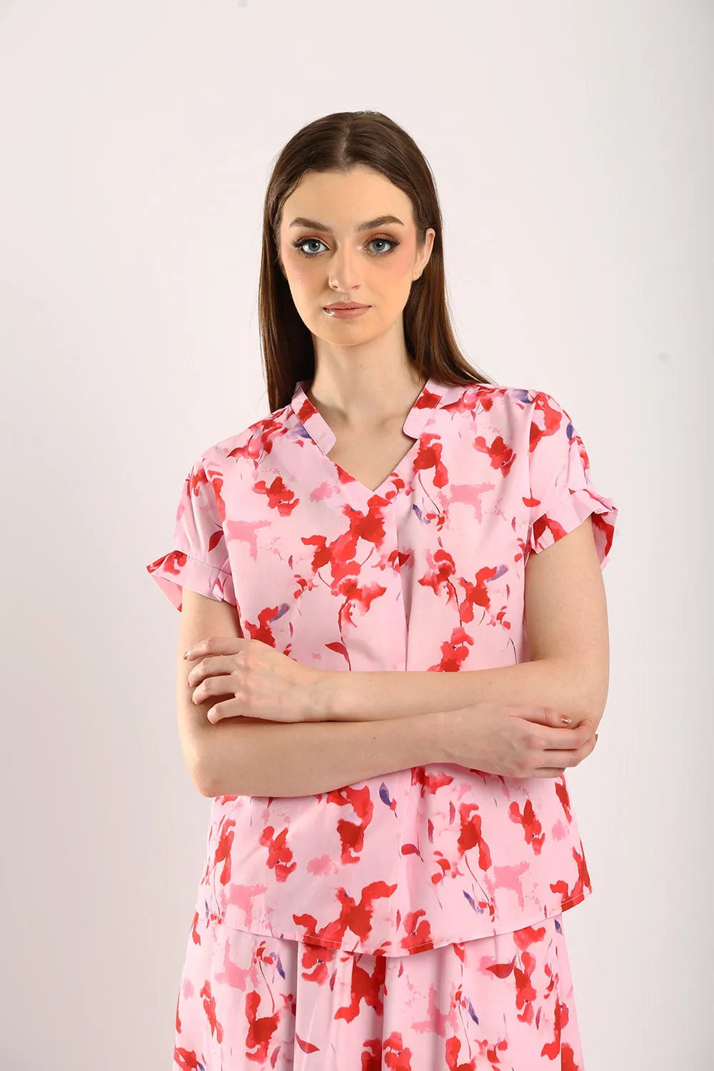 Novi Cotton Linen Blouse in Pink Floral