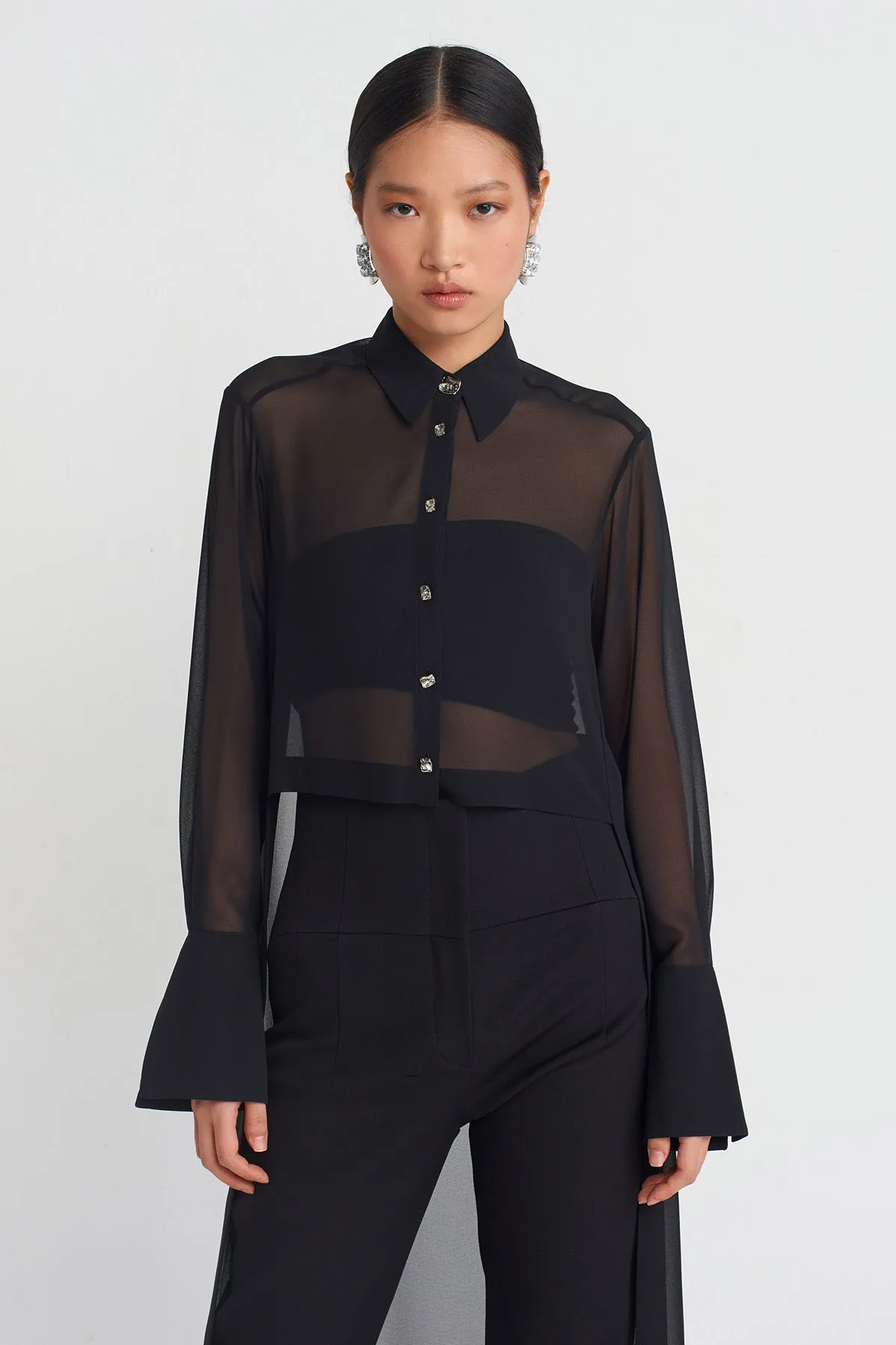 Nu Back-Lengthened Chiffon Shirt Black