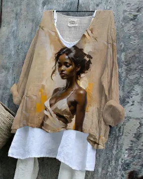 Oil Painting Girl Print Linen Blend Flowy Blouse