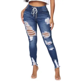 Pencil Pants Women Fashion Washed Skinny Pants Destroyed Jeans