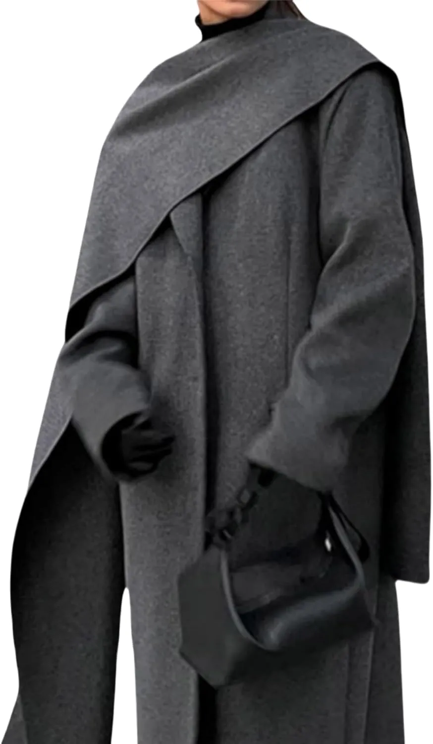 Perbai Women's Elegant Wool Blend Scarf Jacket Notched Lapel Double Breasted Long Trench Coats Overcoat