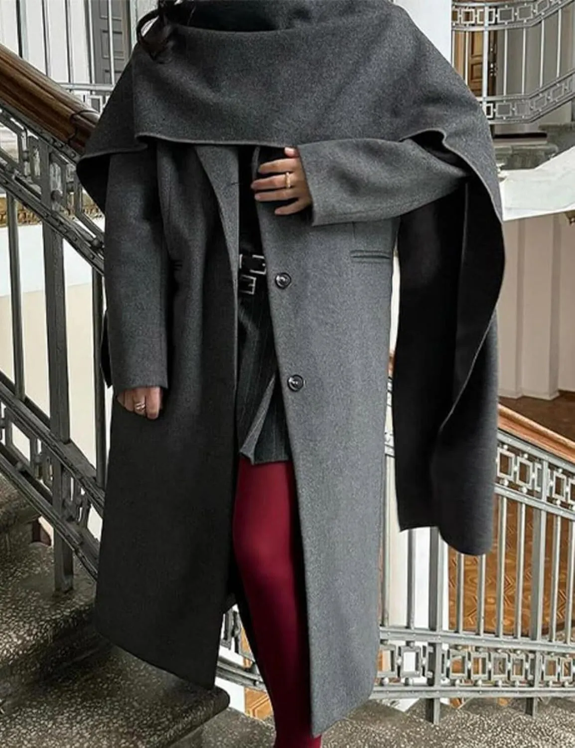 Perbai Women's Elegant Wool Blend Scarf Jacket Notched Lapel Double Breasted Long Trench Coats Overcoat