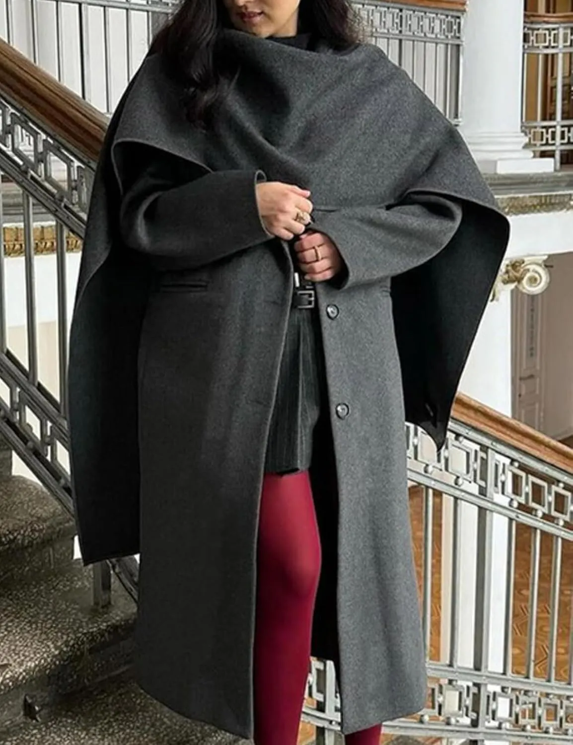 Perbai Women's Elegant Wool Blend Scarf Jacket Notched Lapel Double Breasted Long Trench Coats Overcoat