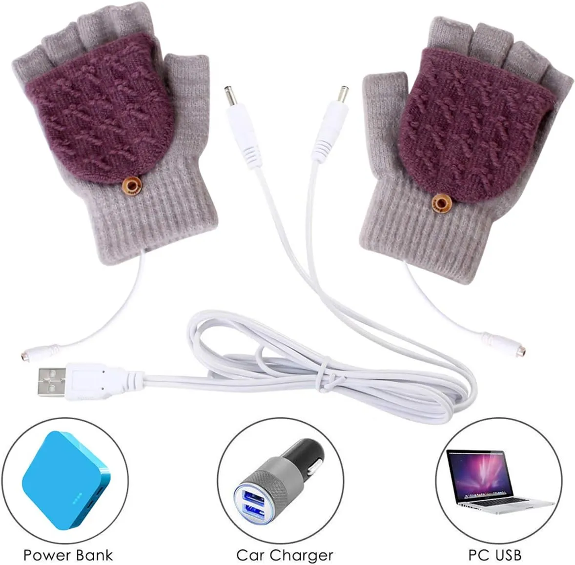 Petyoung Unisex USB Heated Gloves, Winter Full & Half Fingers Warmer Laptop Gloves Mittens for Women Men Girls Boys