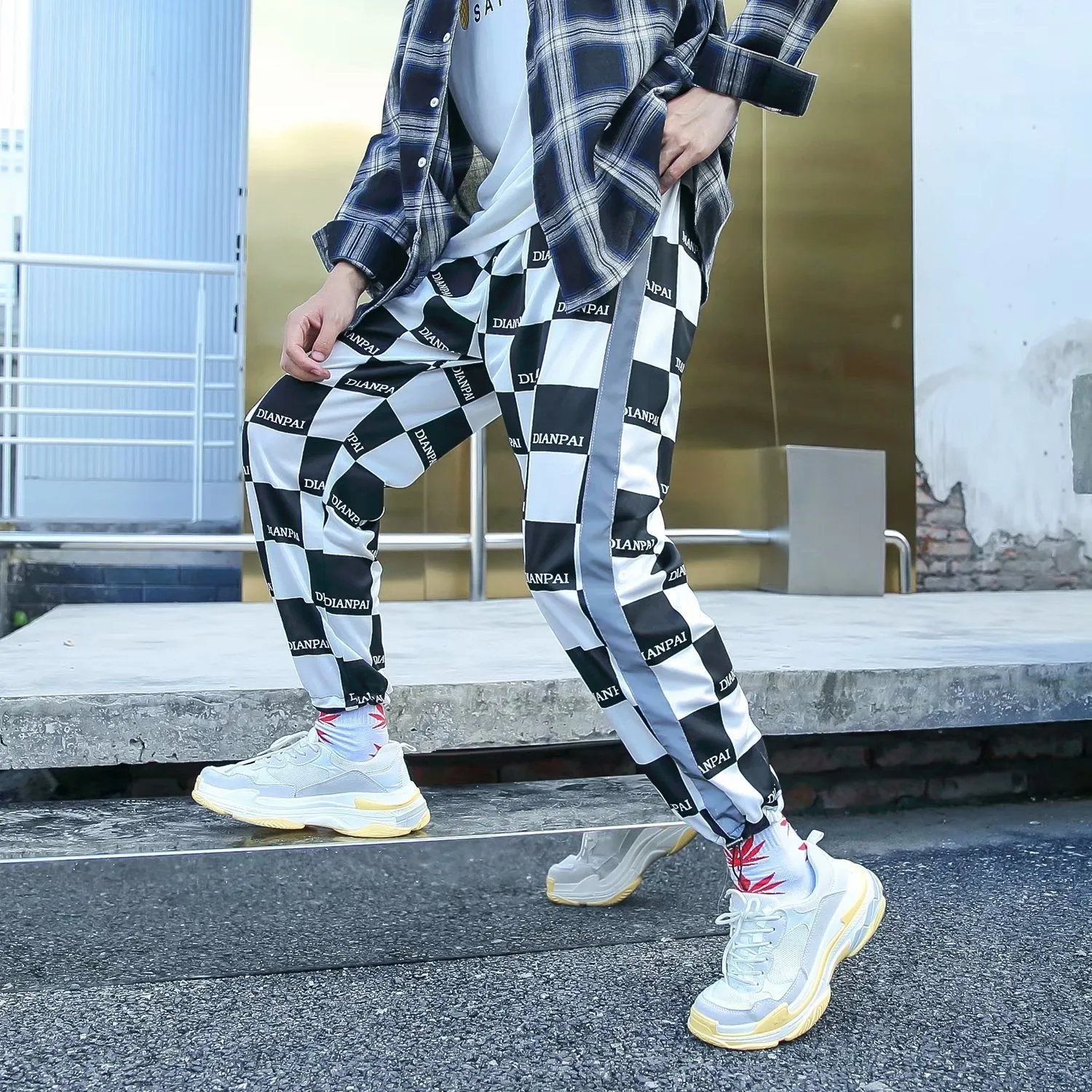 Plaid reflective hip-hop sports casual pants