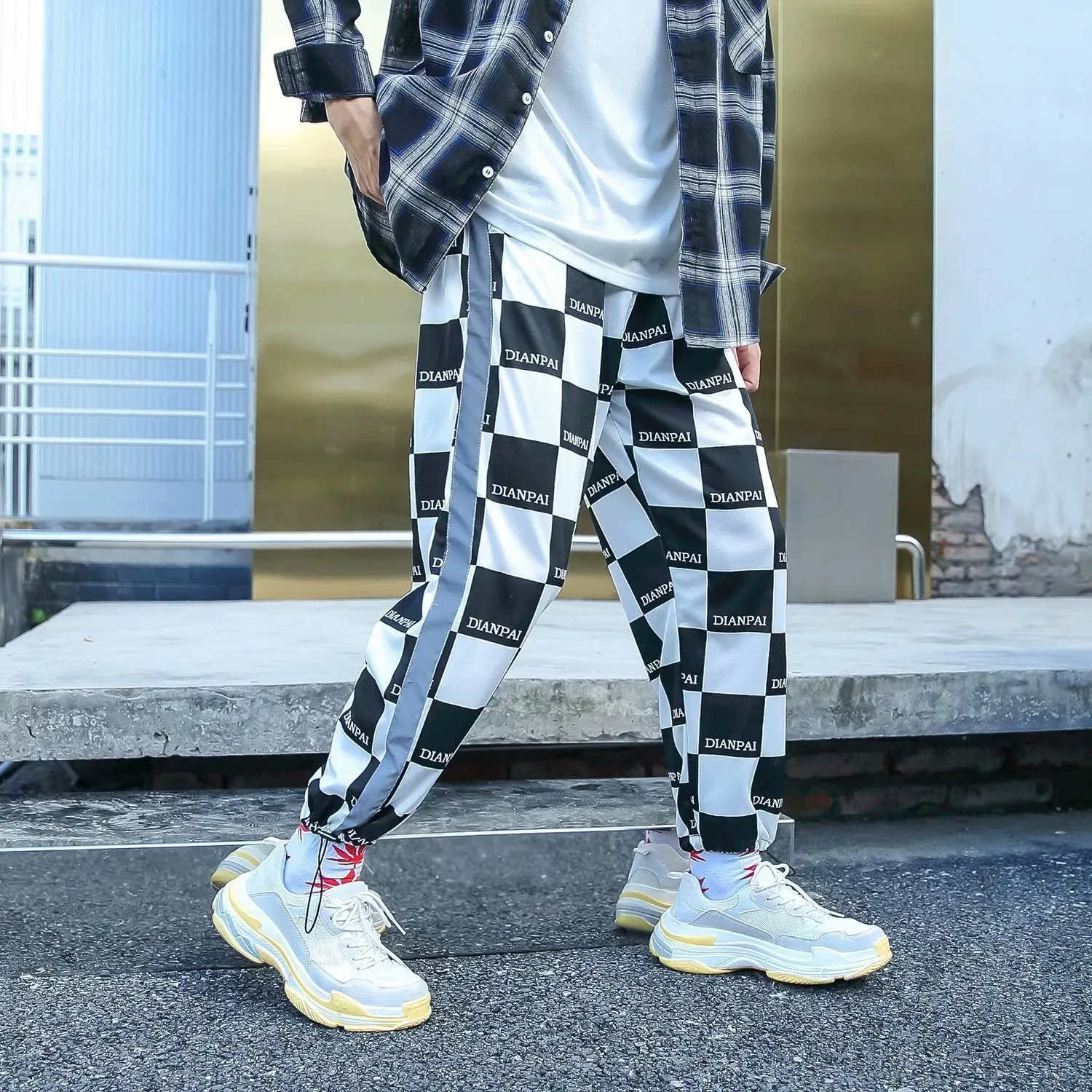 Plaid reflective hip-hop sports casual pants
