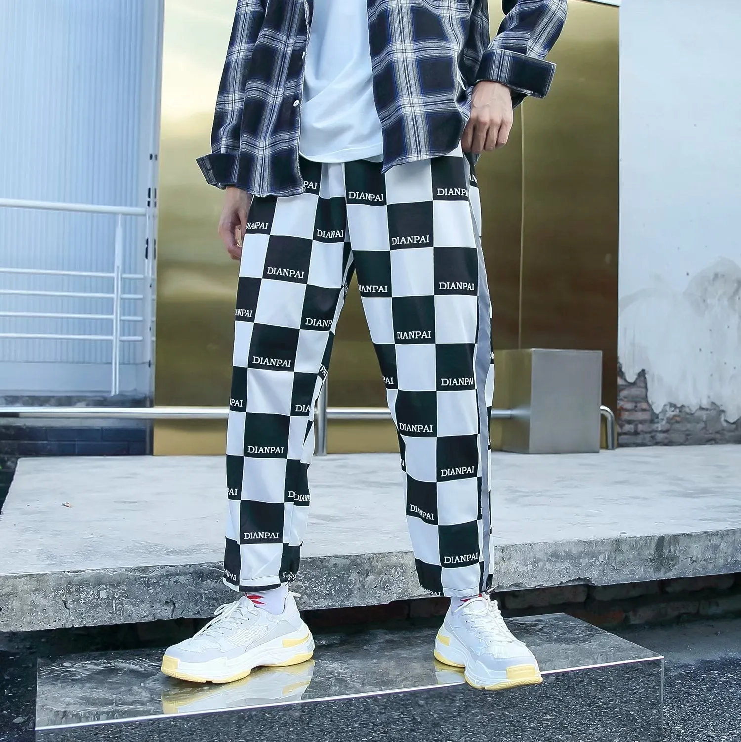 Plaid reflective hip-hop sports casual pants