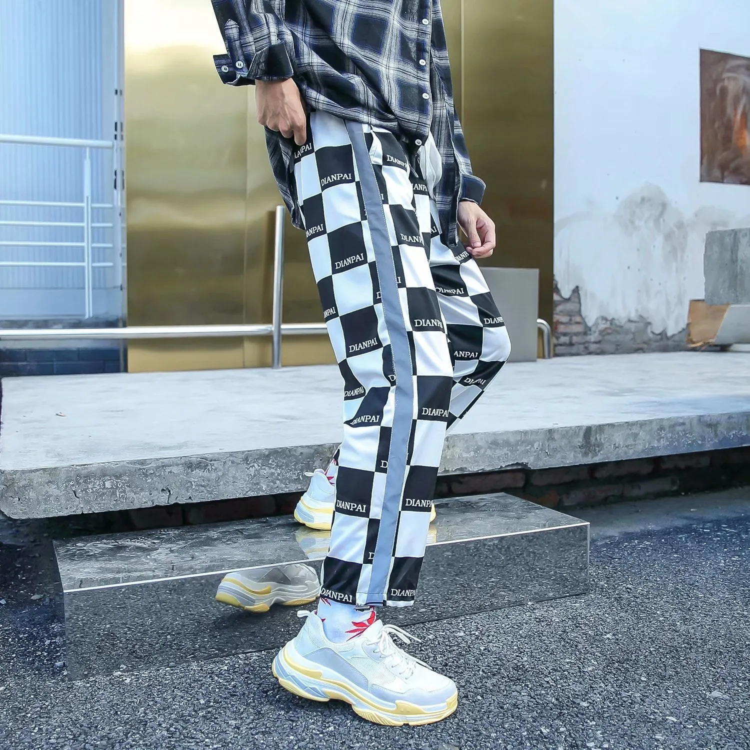 Plaid reflective hip-hop sports casual pants