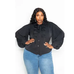 Pleated Sleeve Blouse With Waterfall
