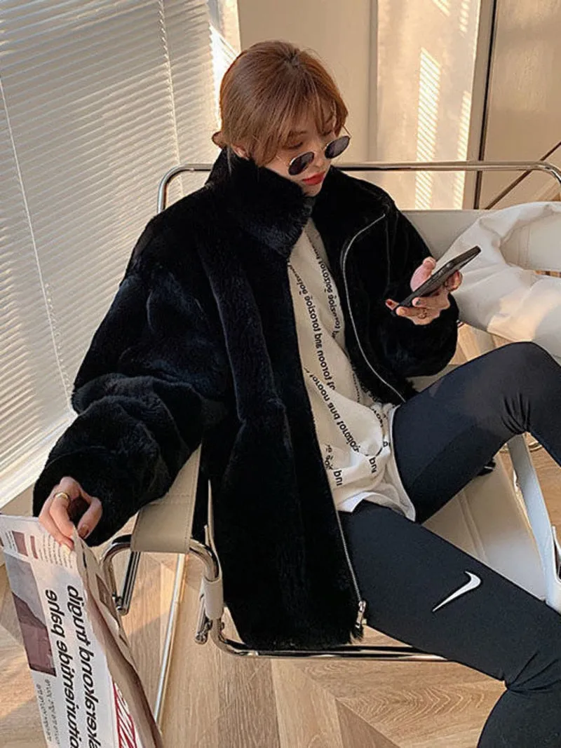 Plush Fur Jacket Women Winter Imitation Rabbit Fur Mid-length Loose Thick Hooded Coat