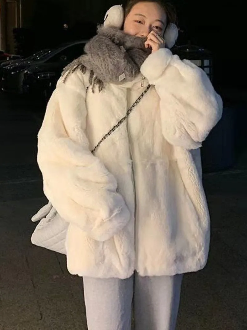 Plush Fur Jacket Women Winter Imitation Rabbit Fur Mid-length Loose Thick Hooded Coat