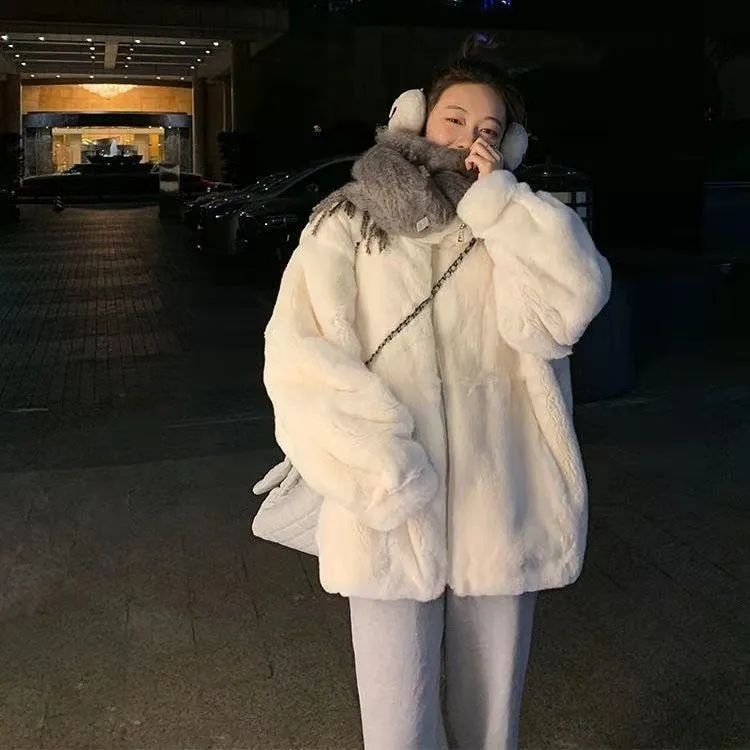 Plush Fur Jacket Women Winter Imitation Rabbit Fur Mid-length Loose Thick Hooded Coat