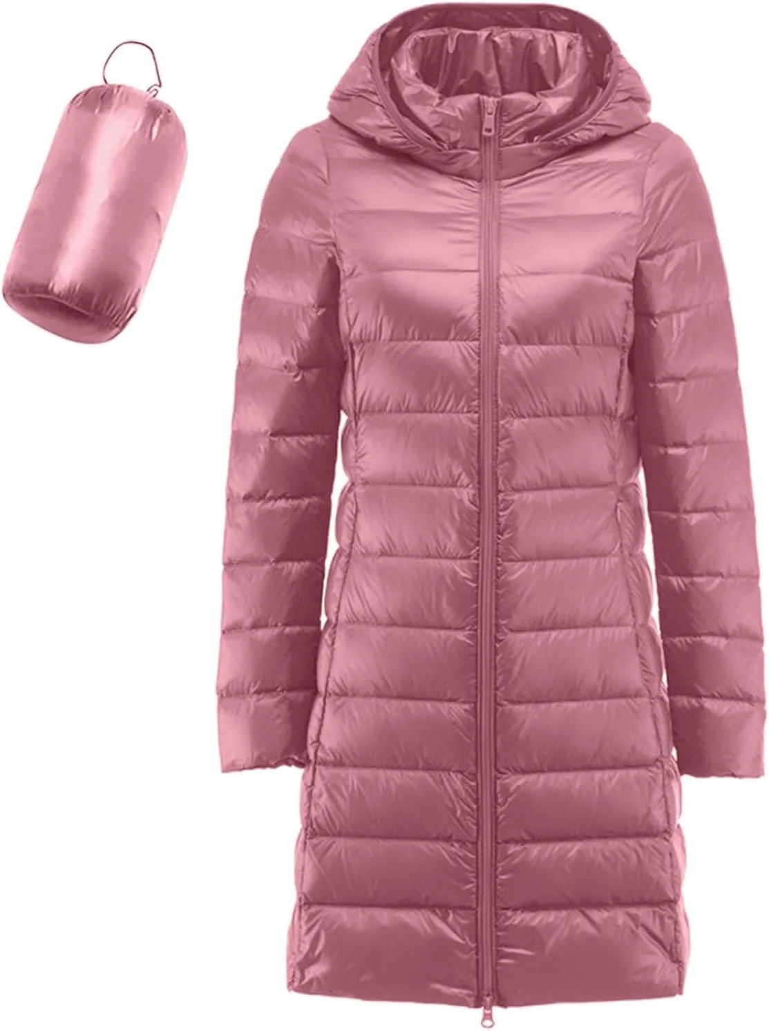 Puffer Jacket for Women Travel Full-Zip Mid Long Outwear Down Light Insulated Jacket Winter Warm Solid Puffer Coat