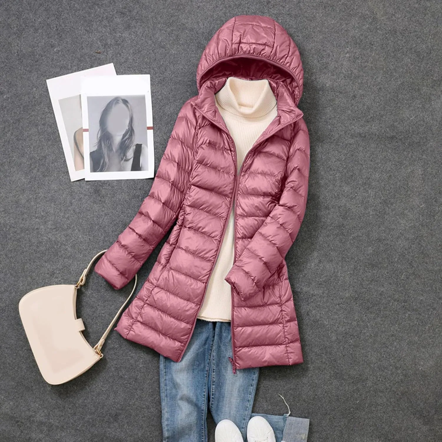 Puffer Jacket for Women Travel Full-Zip Mid Long Outwear Down Light Insulated Jacket Winter Warm Solid Puffer Coat
