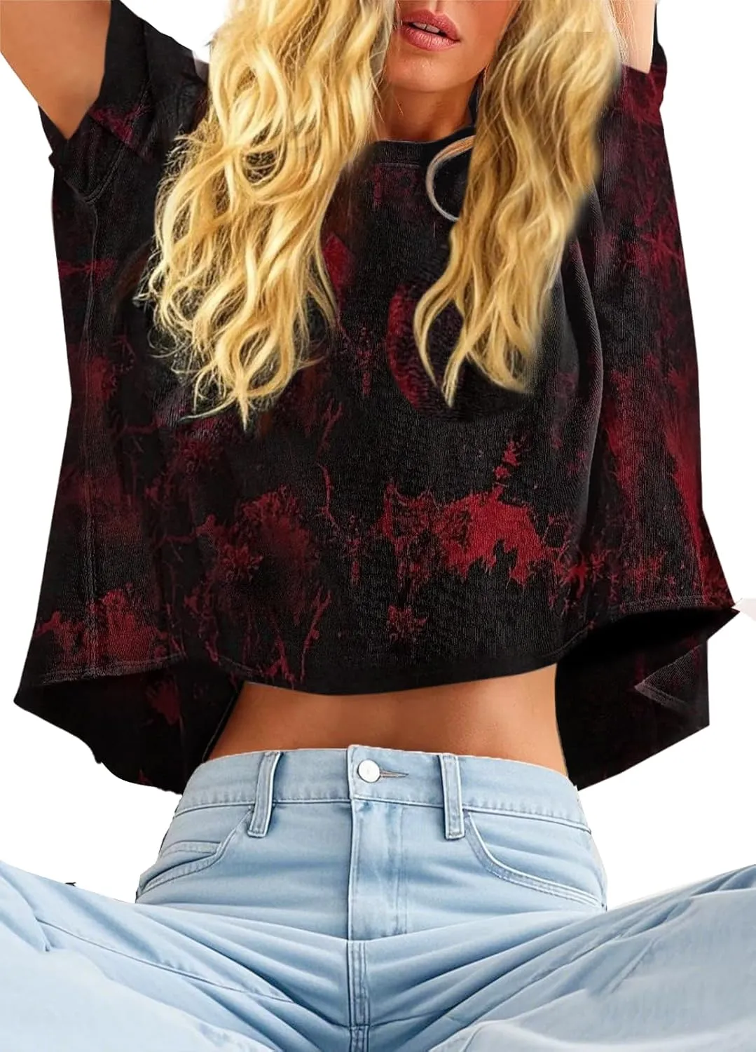 Remidoo Womens Oversized Crop Top Tie Dye Shirt Crewneck Short Sleeve T-Shirt