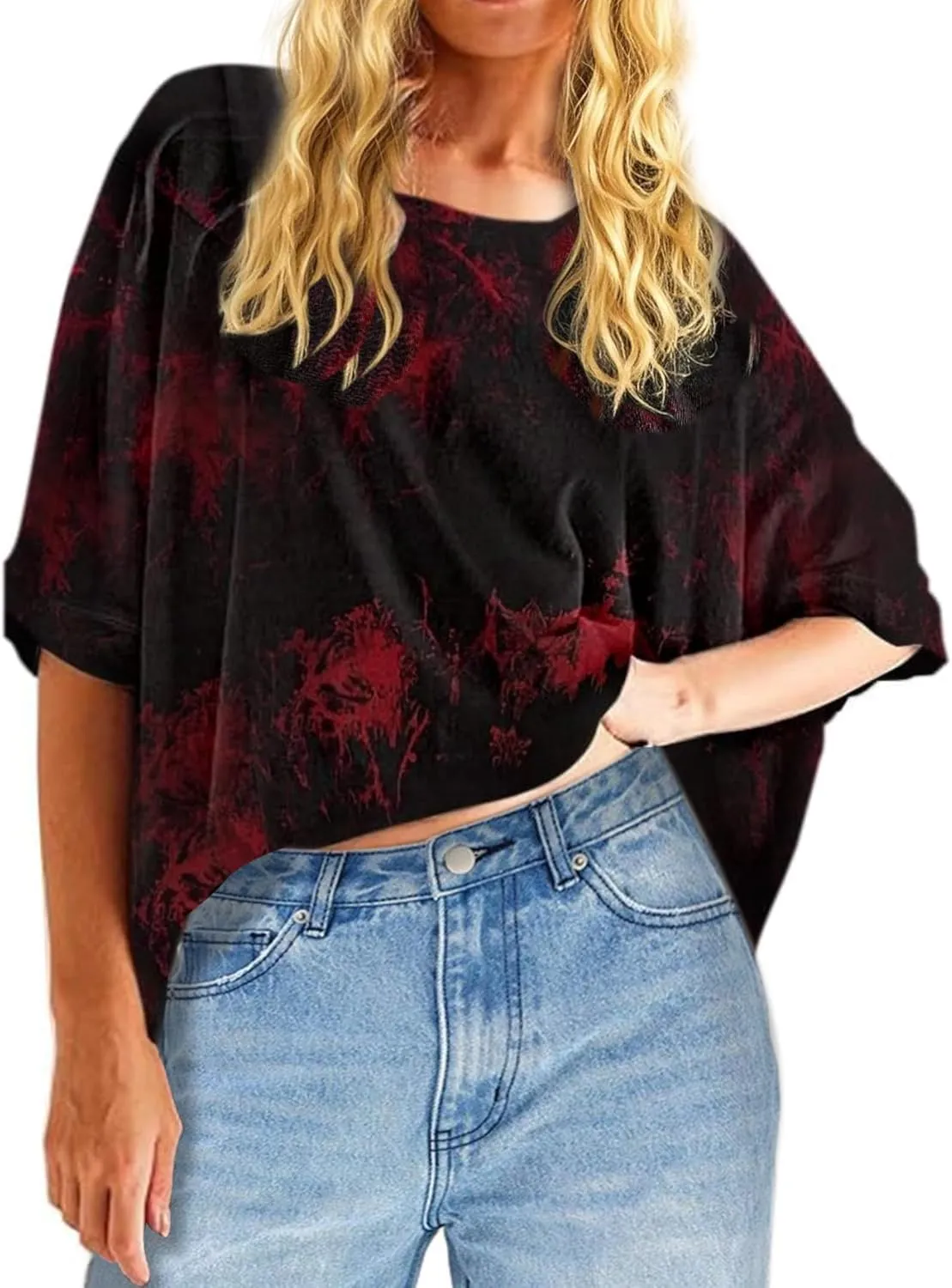 Remidoo Womens Oversized Crop Top Tie Dye Shirt Crewneck Short Sleeve T-Shirt