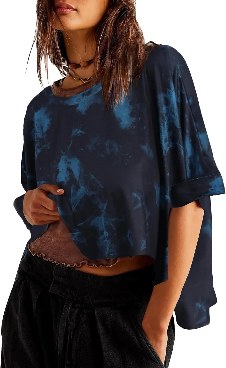 Remidoo Womens Oversized Crop Top Tie Dye Shirt Crewneck Short Sleeve T-Shirt