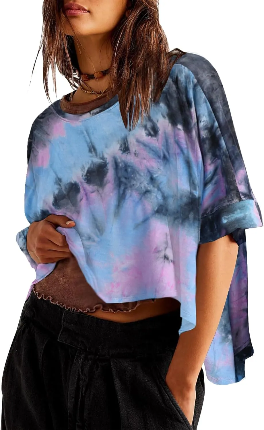 Remidoo Womens Oversized Crop Top Tie Dye Shirt Crewneck Short Sleeve T-Shirt