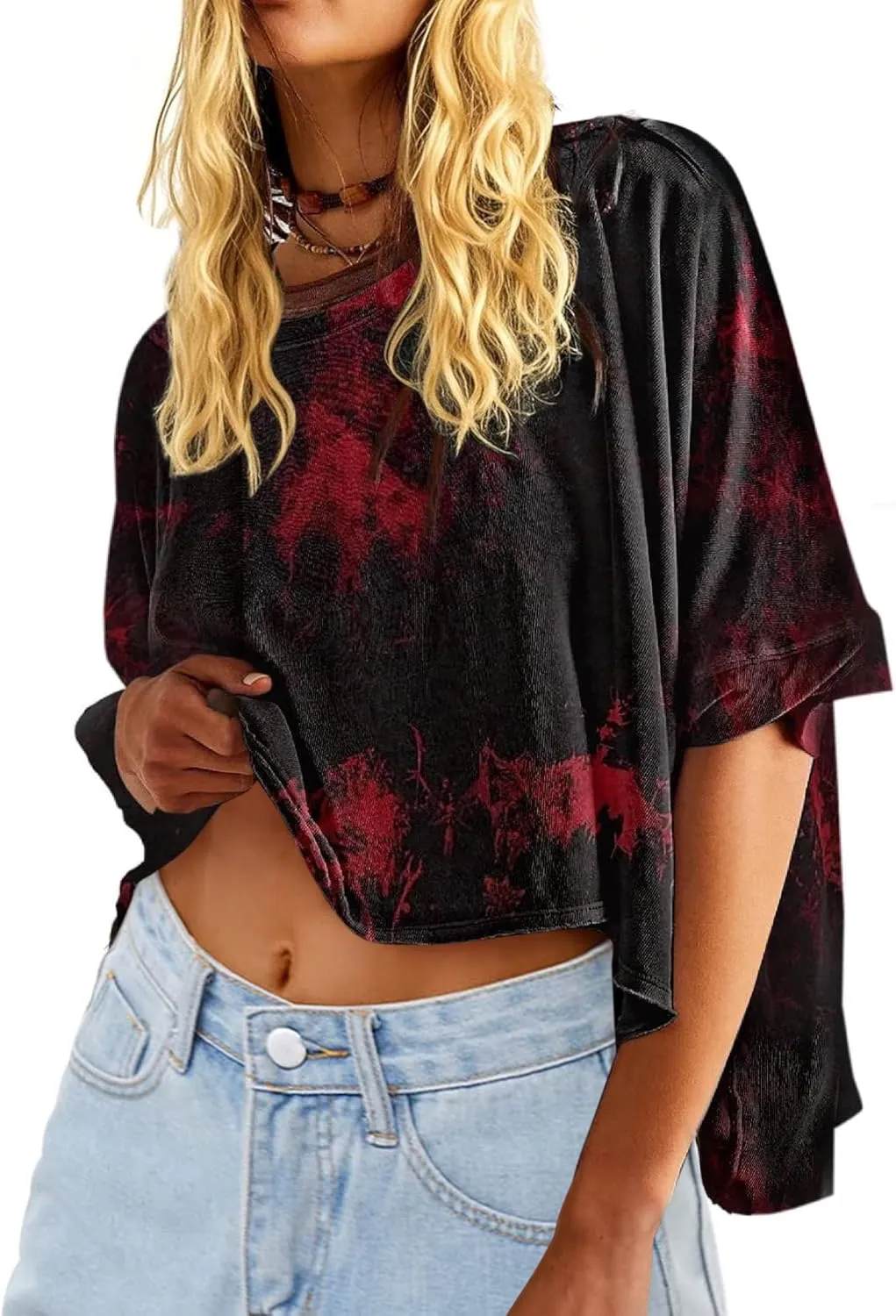 Remidoo Womens Oversized Crop Top Tie Dye Shirt Crewneck Short Sleeve T-Shirt