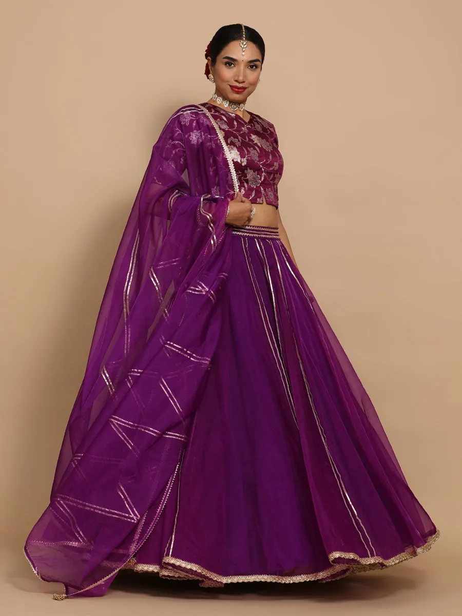 Riyana x Tyohaar | Elbow Sleeves Satin Viscose Saree Blouse in Violet Meenakari Fabric