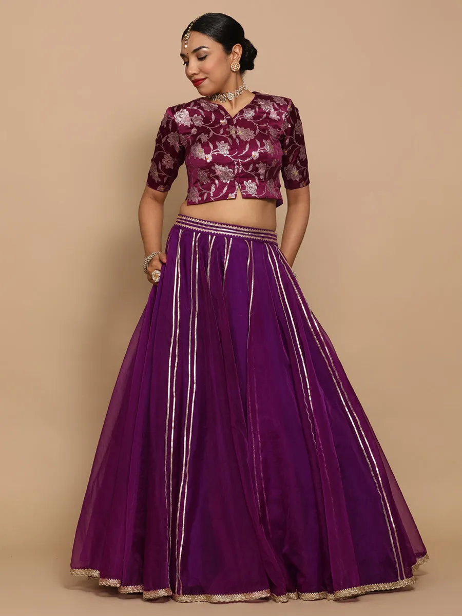 Riyana x Tyohaar | Elbow Sleeves Satin Viscose Saree Blouse in Violet Meenakari Fabric