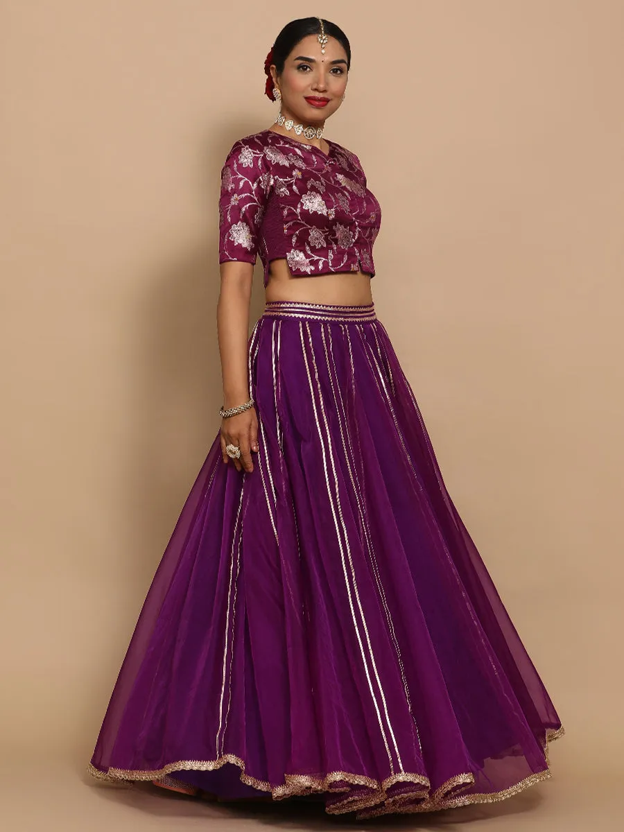 Riyana x Tyohaar | Elbow Sleeves Satin Viscose Saree Blouse in Violet Meenakari Fabric