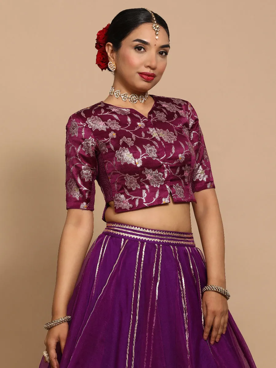 Riyana x Tyohaar | Elbow Sleeves Satin Viscose Saree Blouse in Violet Meenakari Fabric