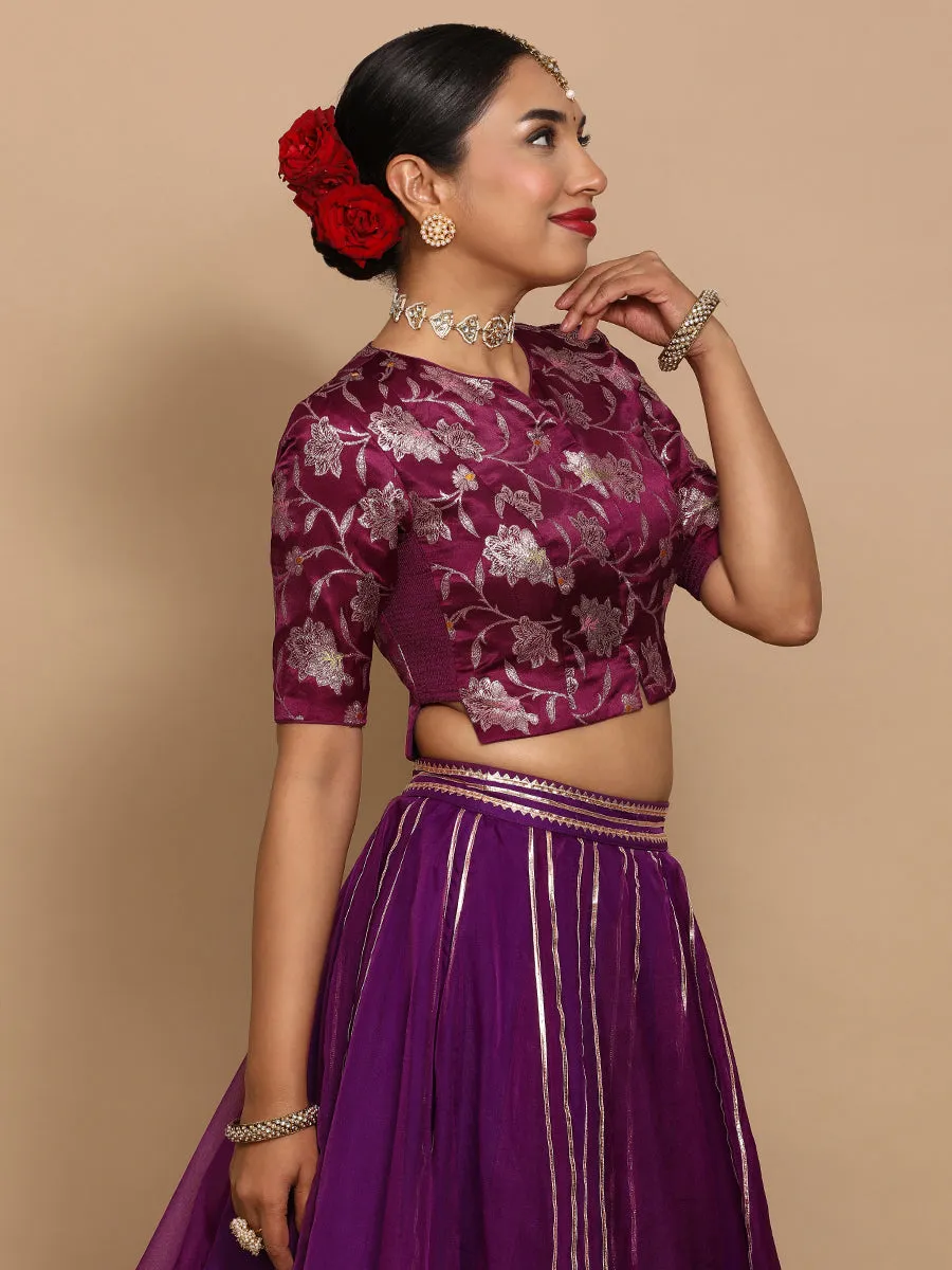 Riyana x Tyohaar | Elbow Sleeves Satin Viscose Saree Blouse in Violet Meenakari Fabric