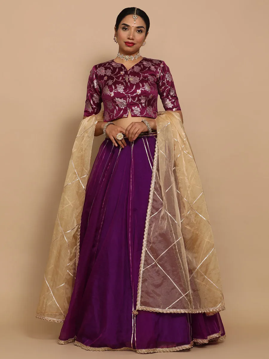 Riyana x Tyohaar | Elbow Sleeves Satin Viscose Saree Blouse in Violet Meenakari Fabric